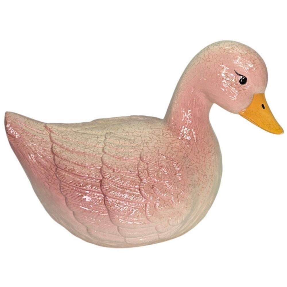 Vintage Pink Duck Figurine Crackle Glaze Ceramic Cottagecore Farmhouse Decor